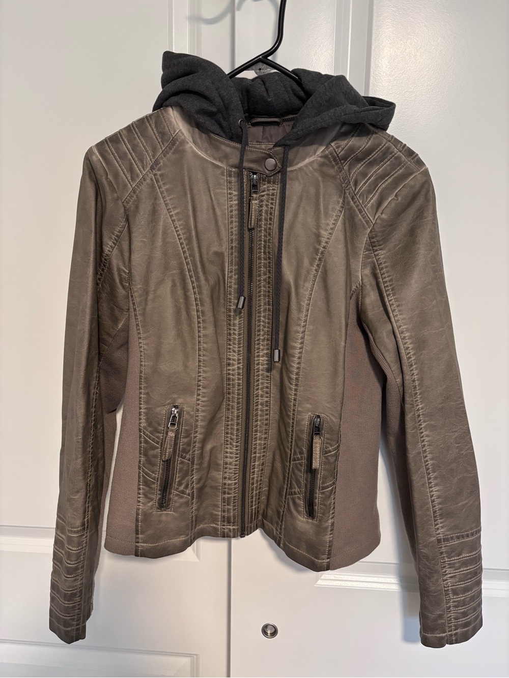 Women's Taupe Faux-Leather Hooded Jacket Size Medium